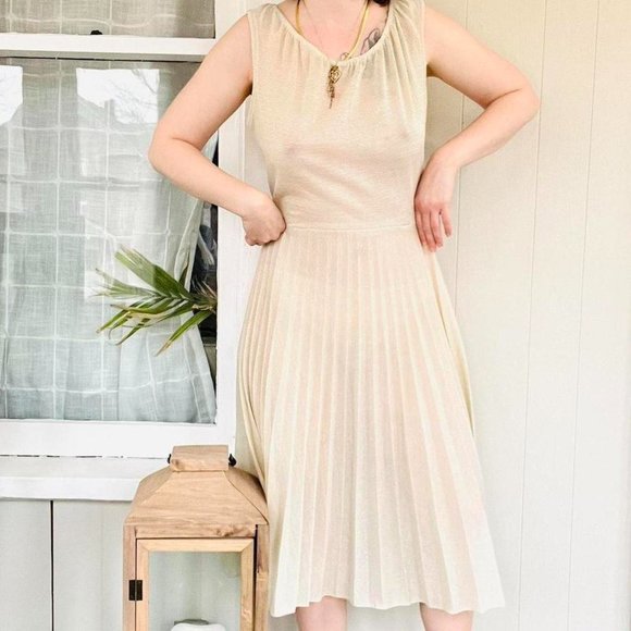 True vintage 1960s sheer gold Lurex pleated full slip dress / naked dress - M - Picture 1 of 4